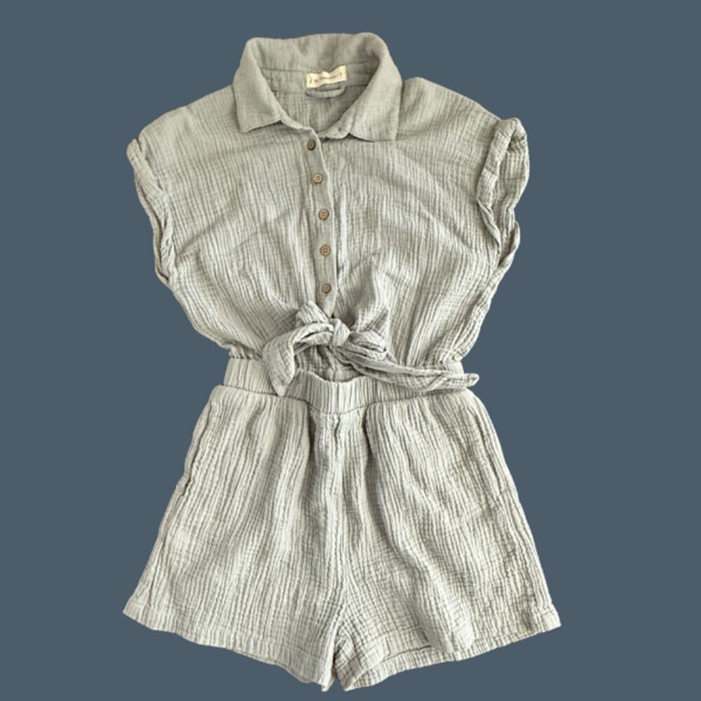 By Together Light Blue Gray Gauze Button Tie Waist Romper Size Small